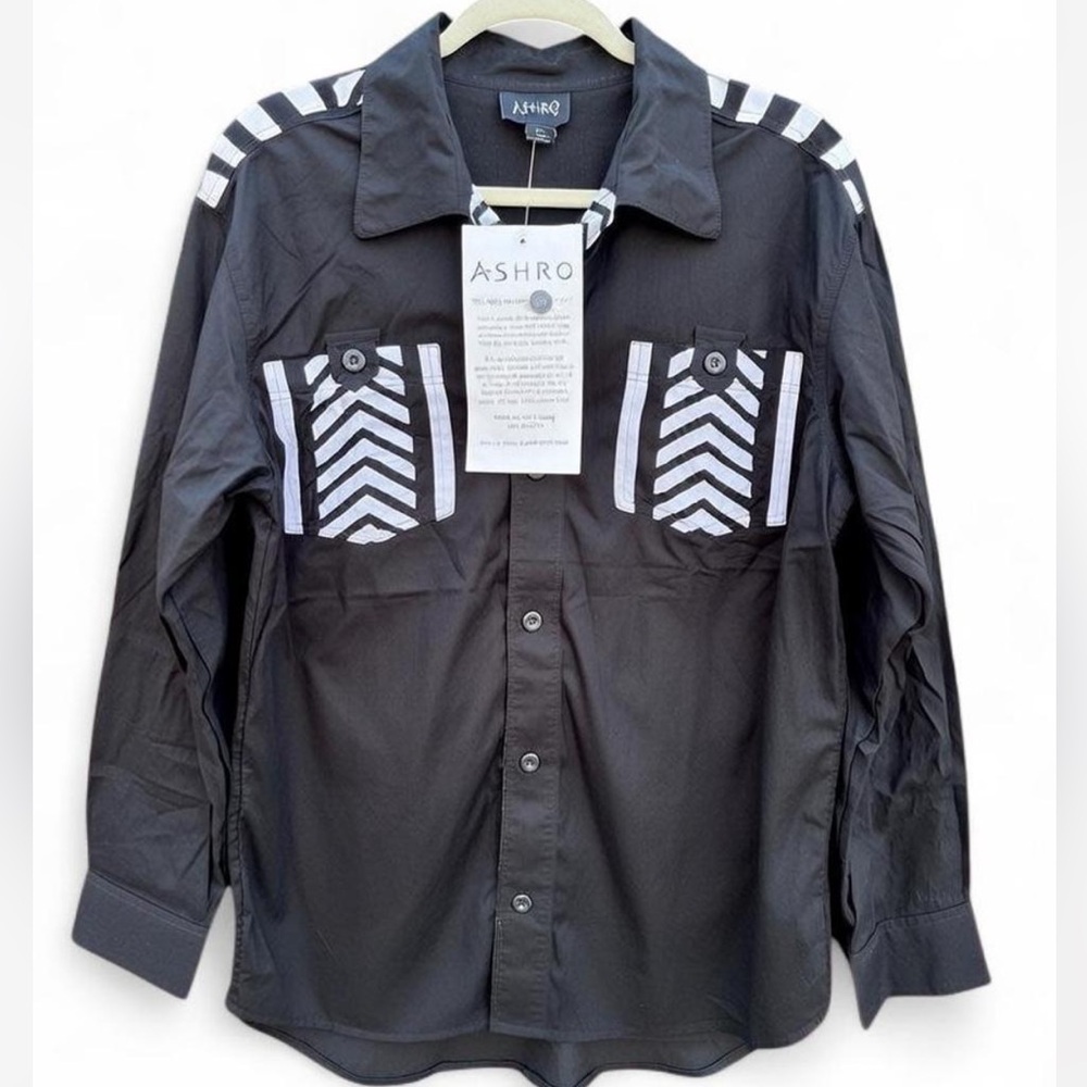 Ashro Black Button-Down Shirt with White Chevron Detail - Men's-L